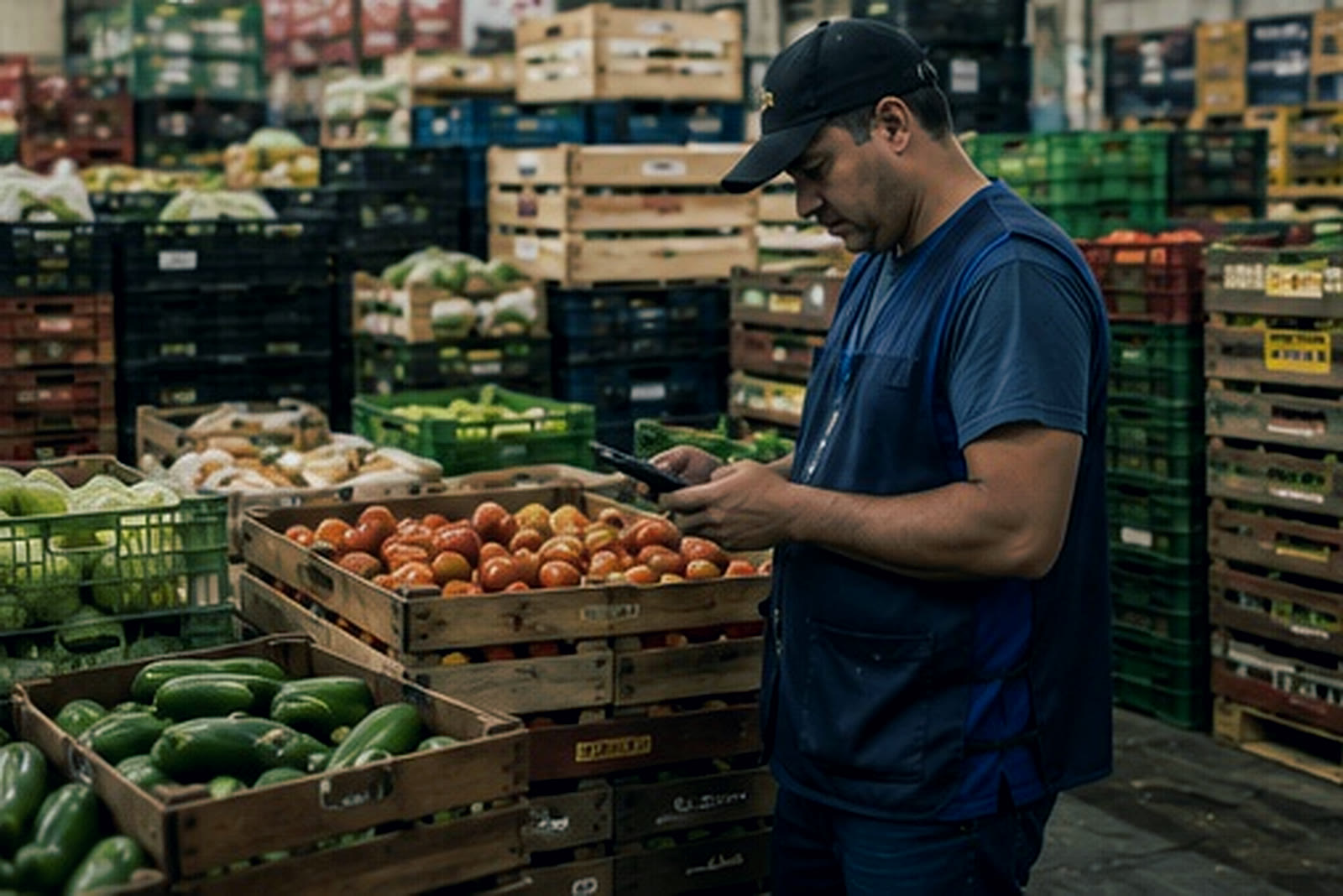 Atacadista consultando o celular ao lado dos engradados de hortifrúti