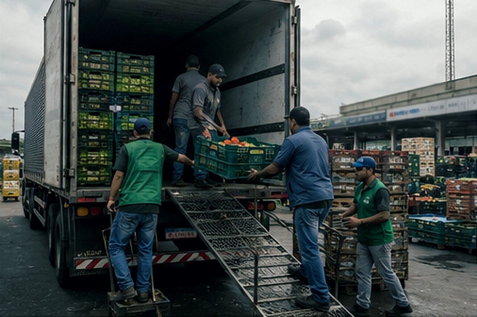 Equipe descarregando engradados de hortifrúti de um caminhão em entreposto atacadista